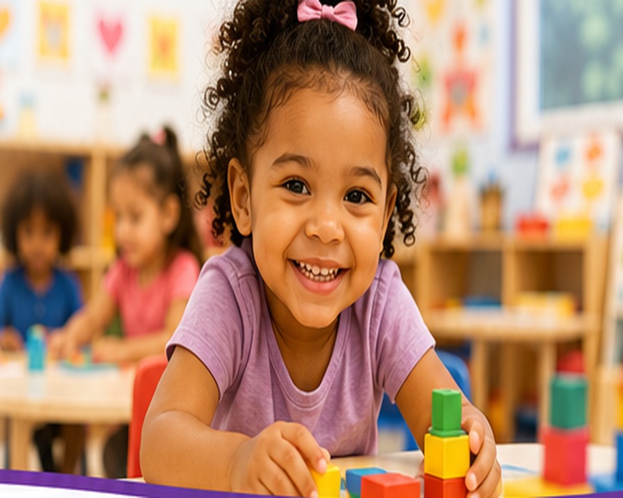 Smiling child in a colorful classroom